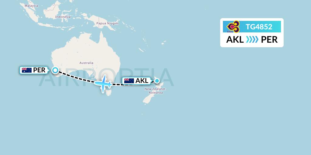 TG4852 Thai Airways Flight Map: Auckland to Perth
