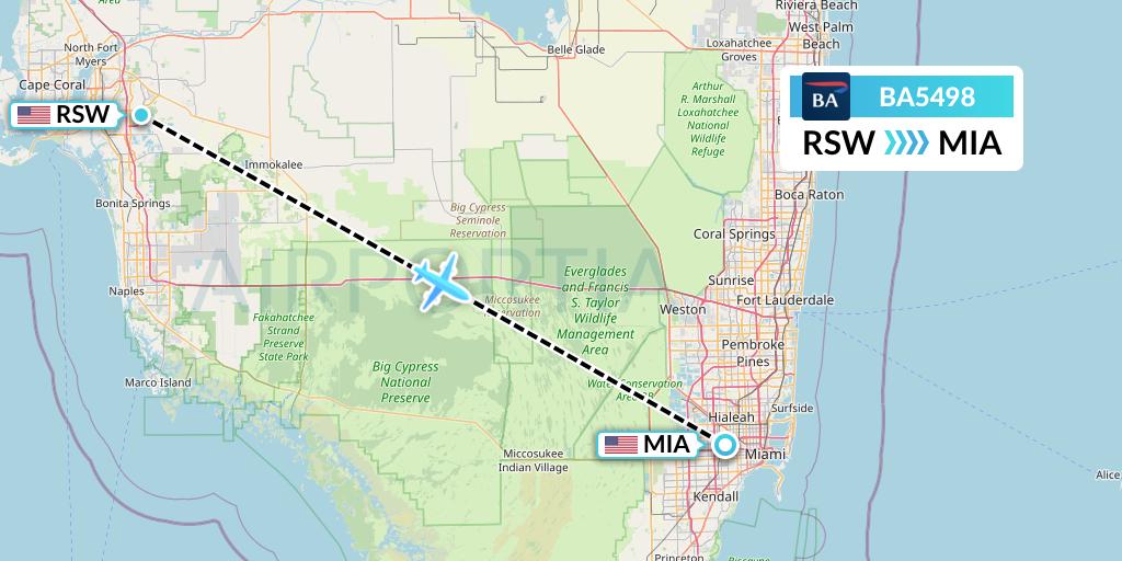BA5498 British Airways Flight Map: Fort Myers to Miami