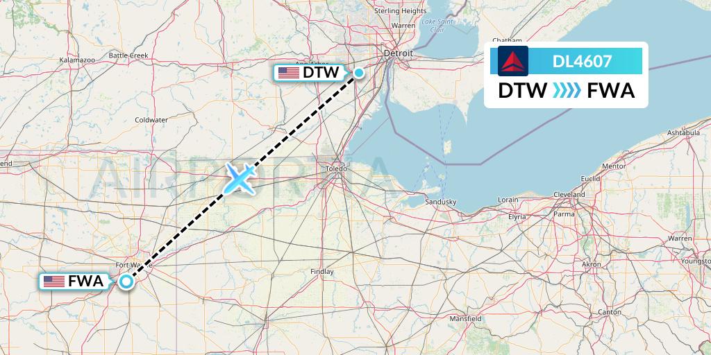 DL4607 Delta Air Lines Flight Map: Detroit to Fort Wayne