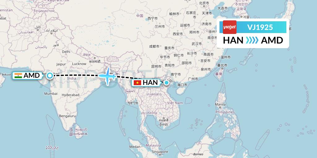 VJ1925 VietJet Air Flight Map: Hanoi to Ahmedabad