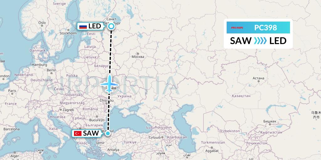 PC398 Pegasus Airlines Flight Map: Istanbul to St. Petersburg