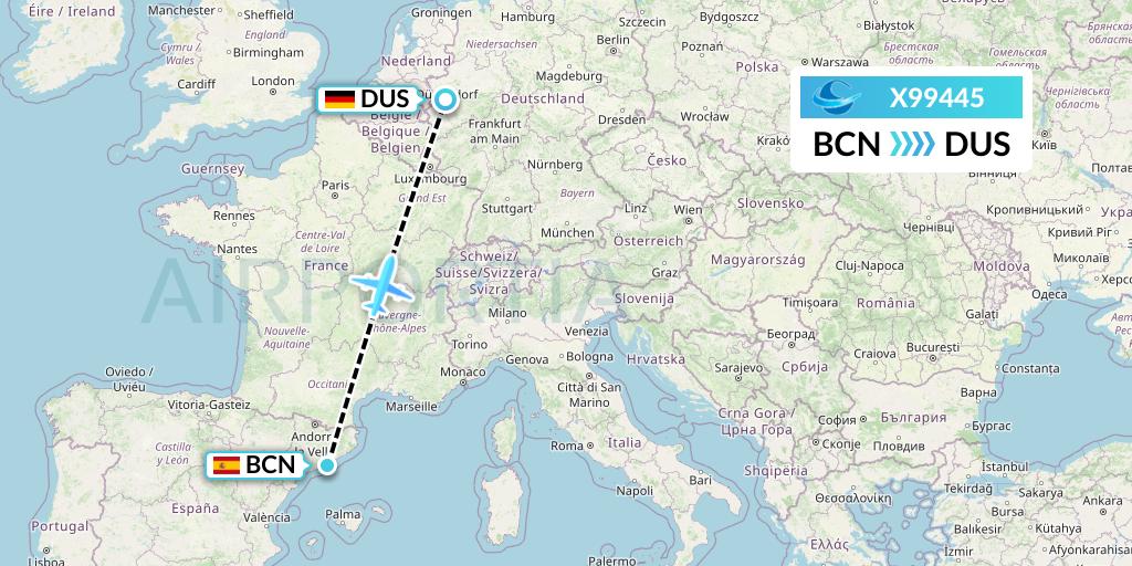 X99445 Avion Express Flight Map: Barcelona to Dusseldorf