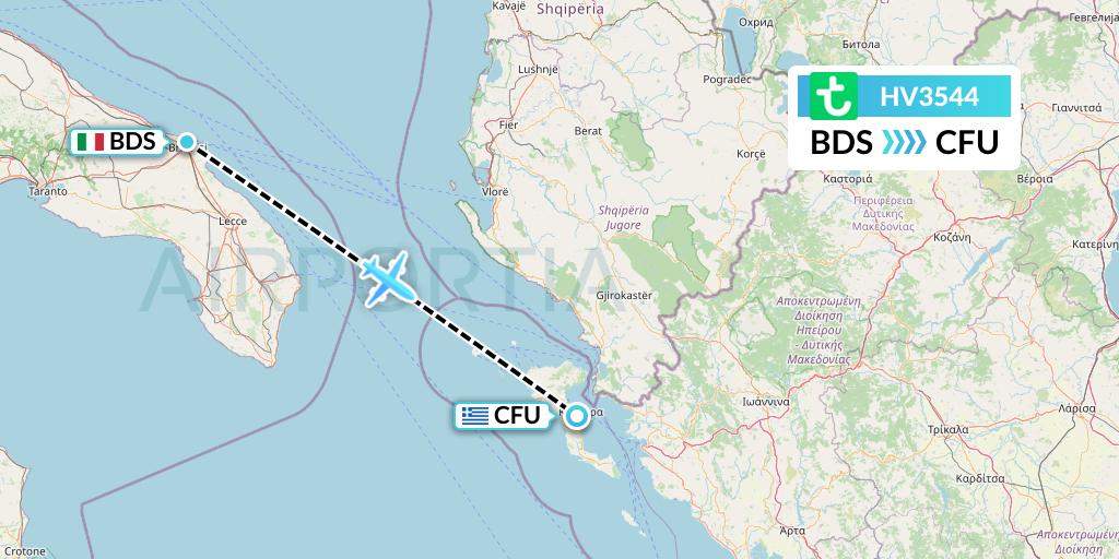 HV3544 Transavia Flight Map: Brindisi to Corfu
