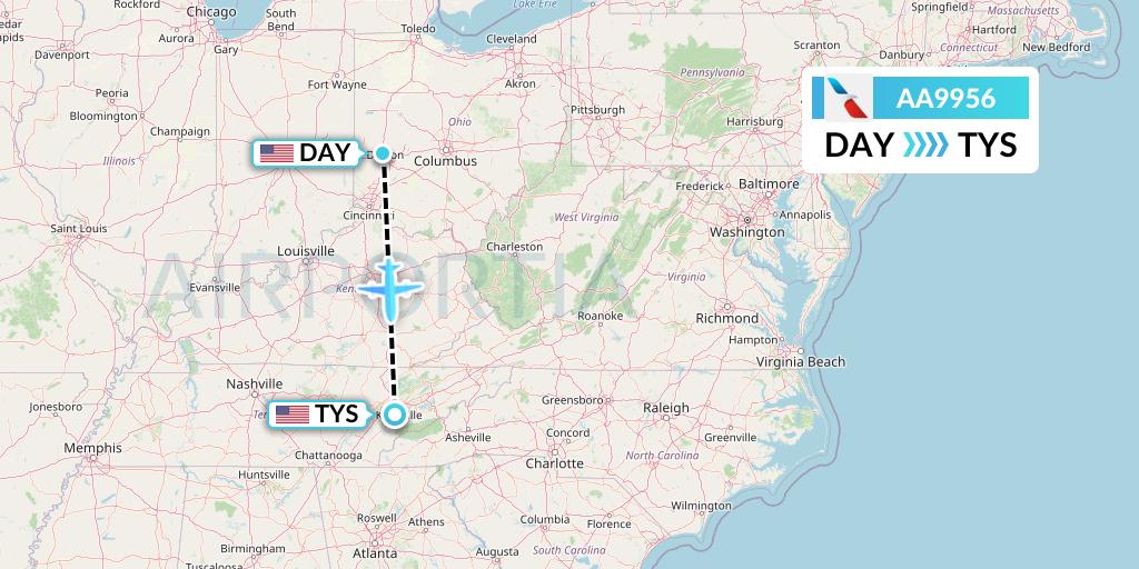 AA9956 American Airlines Flight Map: Dayton to Knoxville