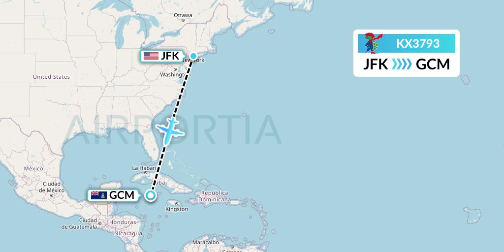 KX3793 Cayman Airways Flight Map: New York to George Town