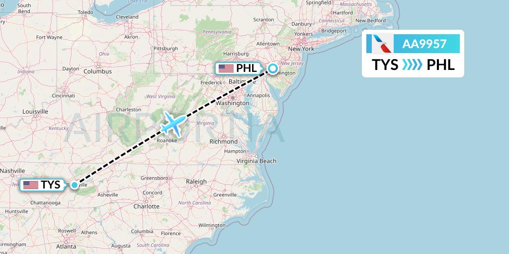 AA9957 American Airlines Flight Map: Knoxville to Philadelphia