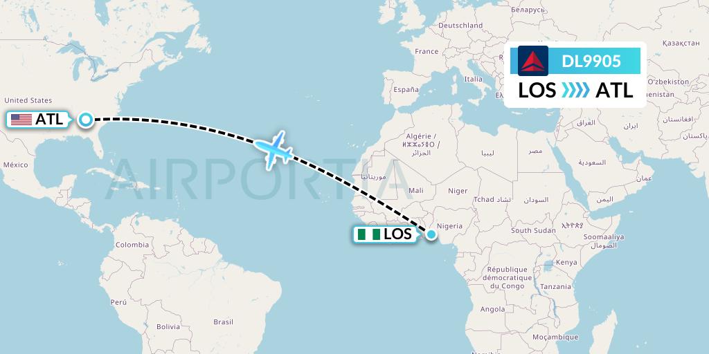 DL9905 Delta Air Lines Flight Map: Lagos to Atlanta