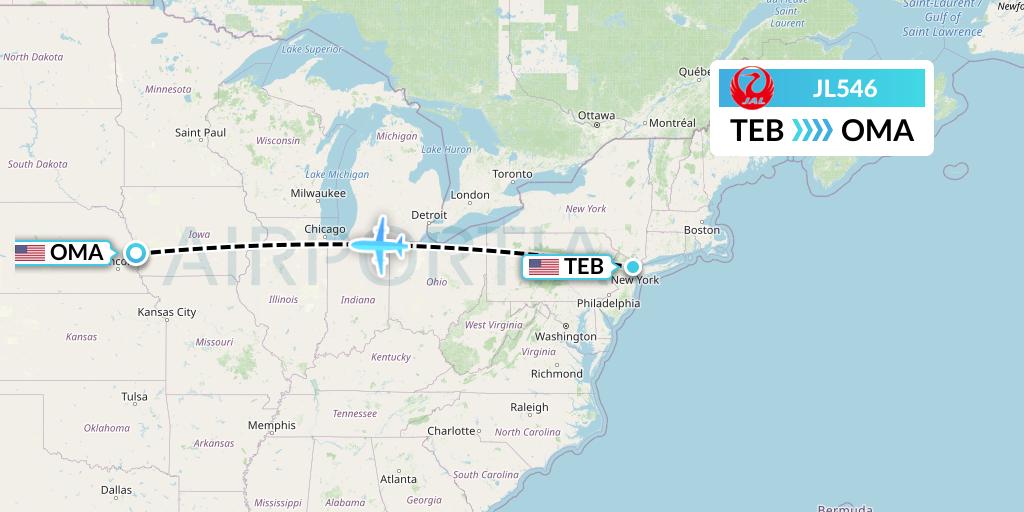 JL546 Japan Airlines Flight Map: Teterboro to Omaha