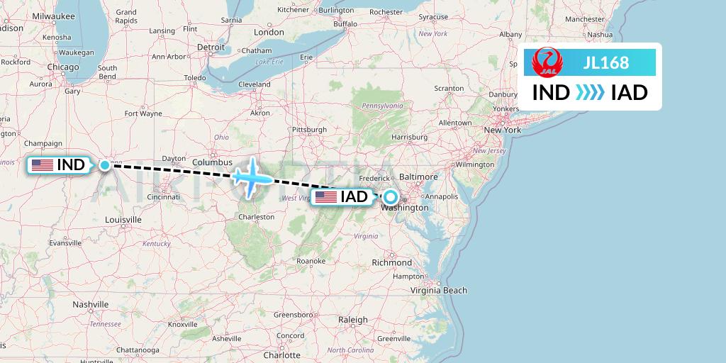 JL168 Japan Airlines Flight Map: Indianapolis to Washington