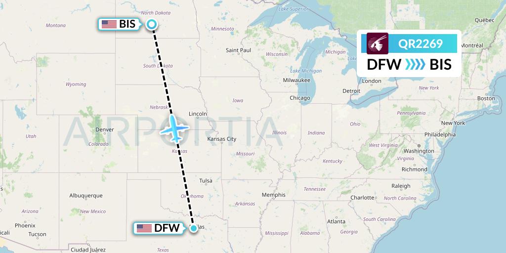 QR2269 Qatar Airways Flight Map: Dallas to Bismarck