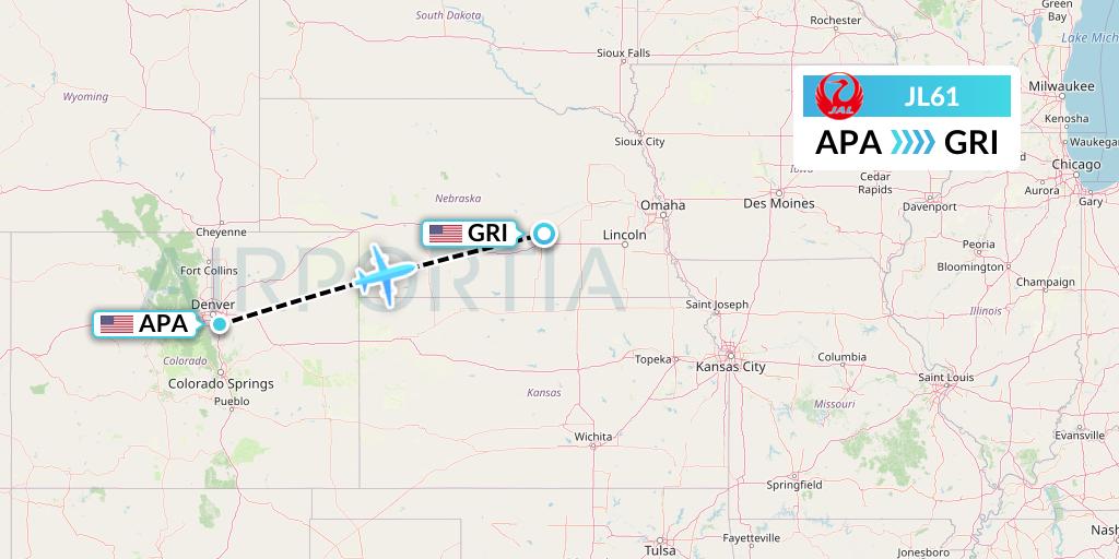 JL61 Japan Airlines Flight Map: Denver to Grand Island