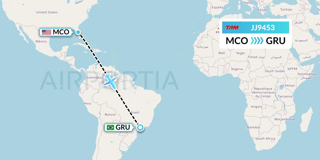 JJ9453 TAM Linhas Aereas Flight Map: Orlando to Sao Paulo