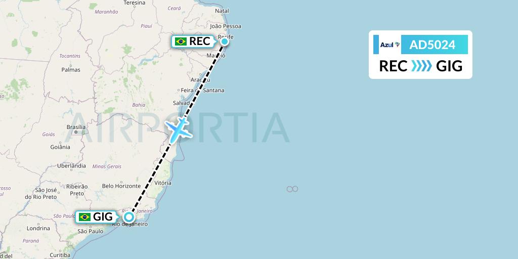 AD5024 Azul Brazilian Airlines Flight Map: Recife to Rio de Janeiro