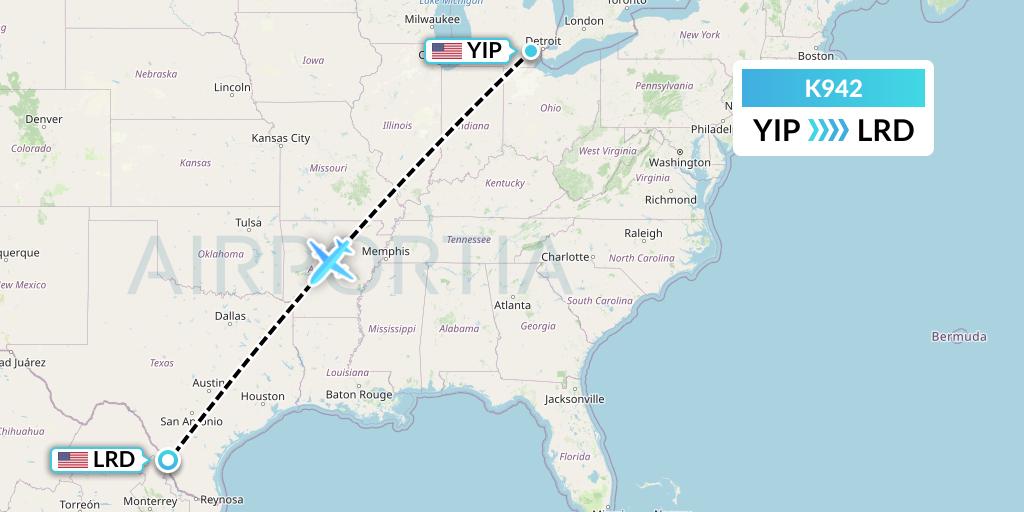 K942 Kalitta Charters Flight Map: Detroit to Laredo