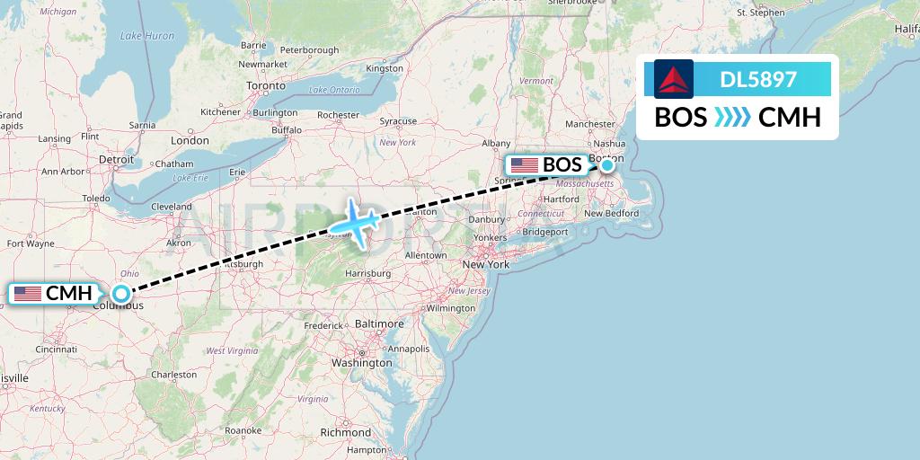 DL5897 Delta Air Lines Flight Map: Boston to Columbus