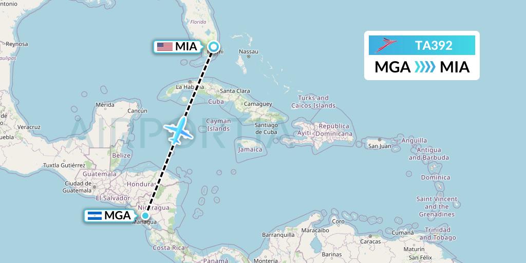 TA392 TACA Airlines Flight Map: Managua to Miami