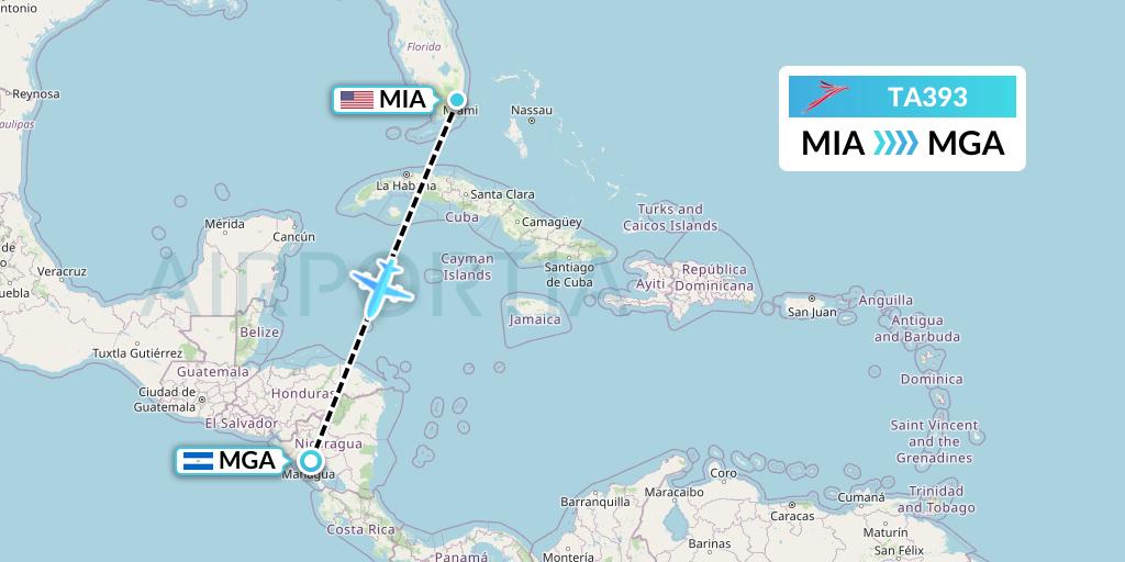 TA393 TACA Airlines Flight Map: Miami to Managua