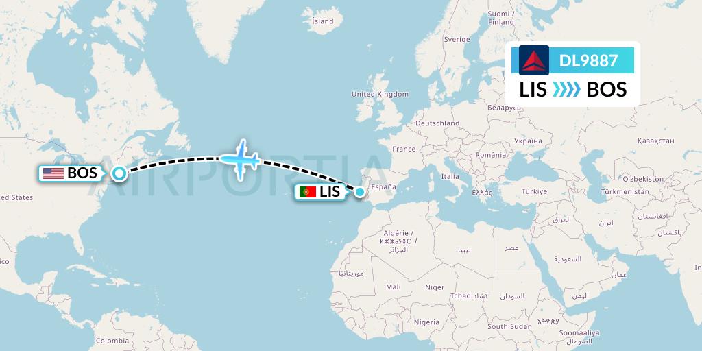 DL9887 Delta Air Lines Flight Map: Lisbon to Boston