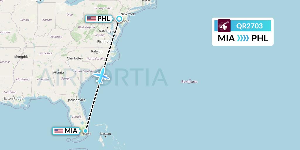 QR2703 Qatar Airways Flight Map: Miami to Philadelphia