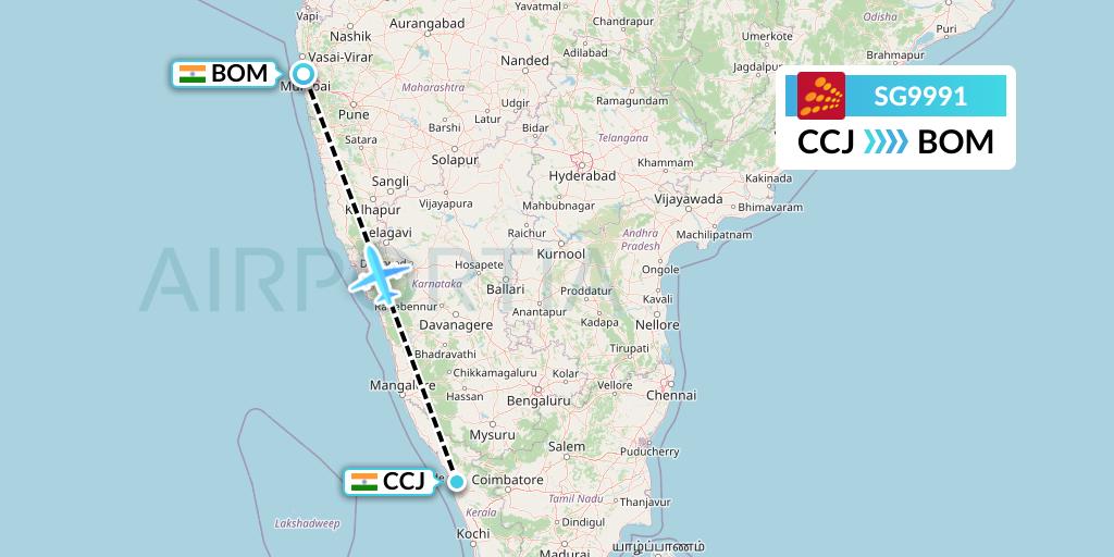SG9991 SpiceJet Flight Map: Kozhikode to Mumbai