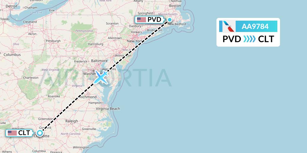 AA9784 American Airlines Flight Map: Providence to Charlotte
