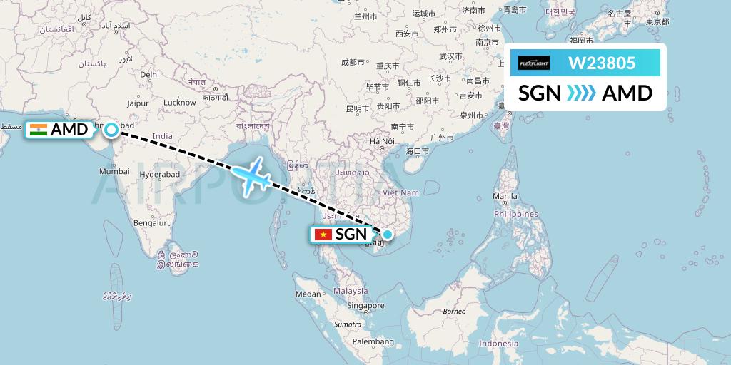W23805 Flex Flight Flight Map: Ho Chi Minh City to Ahmedabad