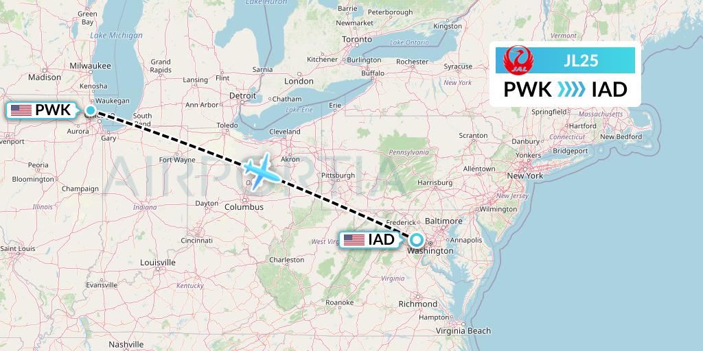 JL25 Japan Airlines Flight Map: Chicago to Washington
