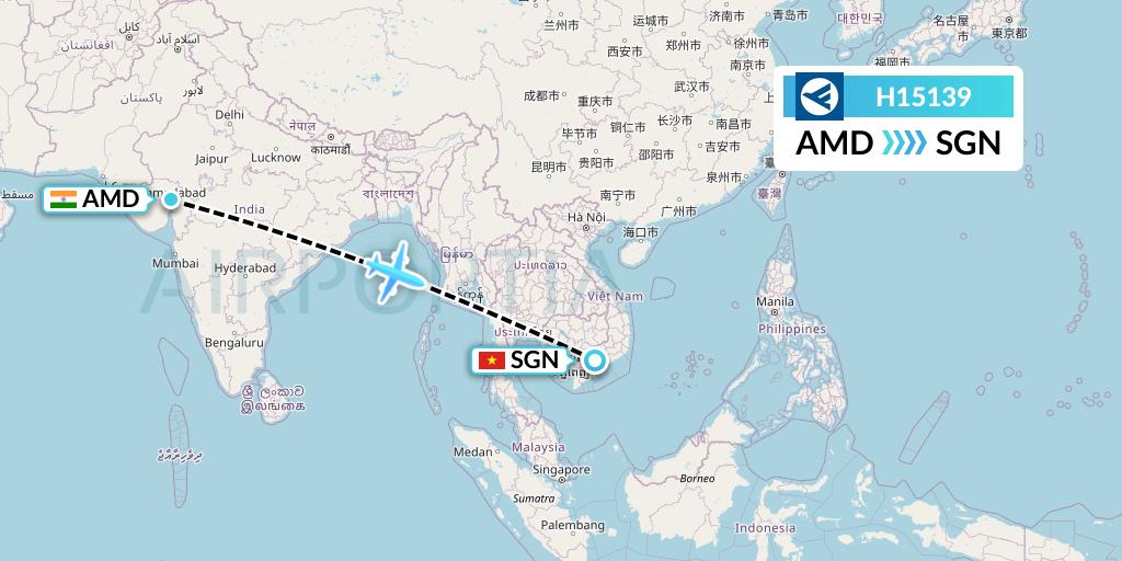 H15139 Hahn Air Systems Flight Map: Ahmedabad to Ho Chi Minh City