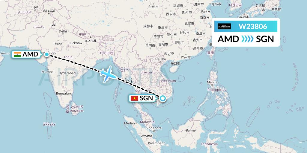 W23806 Flex Flight Flight Map: Ahmedabad to Ho Chi Minh City