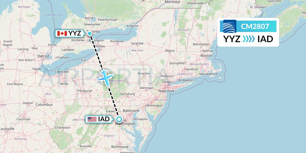 CM2807 Copa Airlines Flight Map: Toronto to Washington