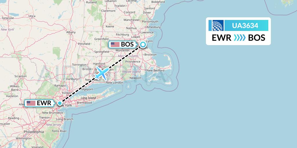UA3634 United Airlines Flight Map: New York to Boston