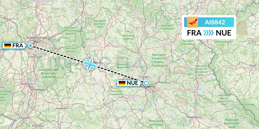 AI8842 Air India Flight Map: Frankfurt to Nurnberg
