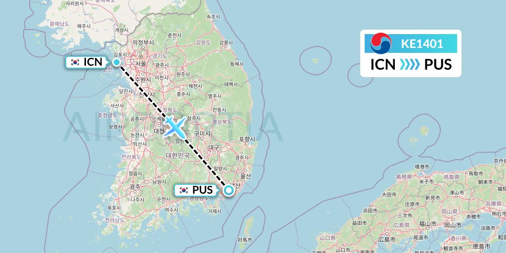 KE1401 Korean Air Flight Map: Seoul to Busan