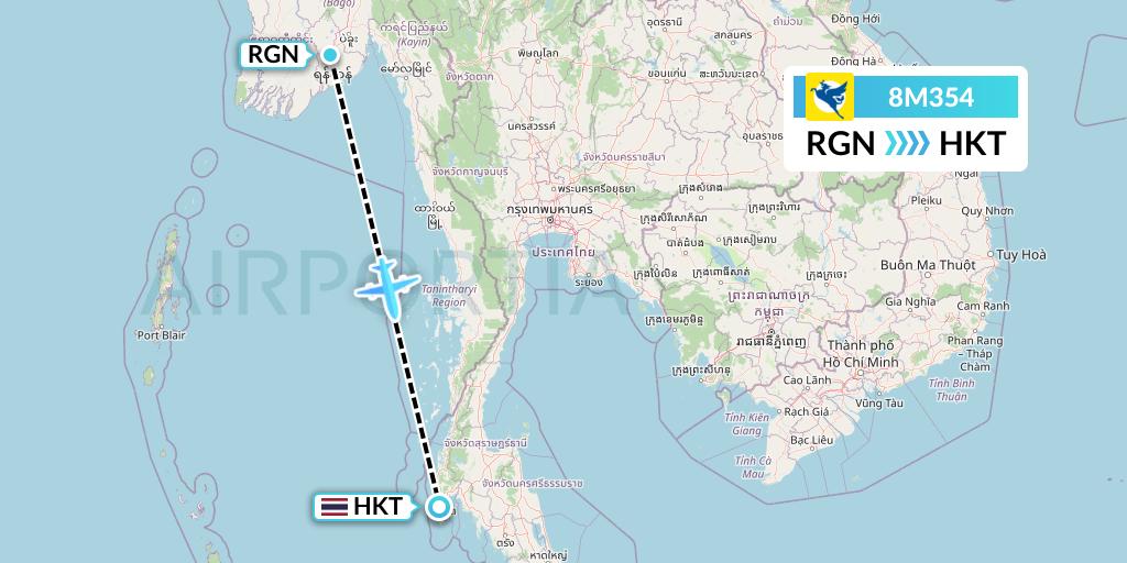 8M354 Myanmar Airways International Flight Map: Yangon to Phuket