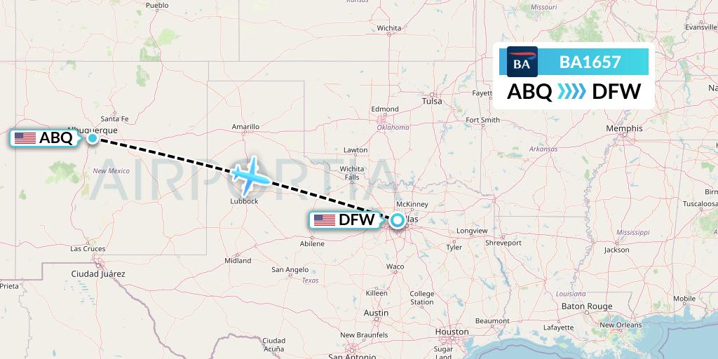 BA1657 British Airways Flight Map: Albuquerque to Dallas