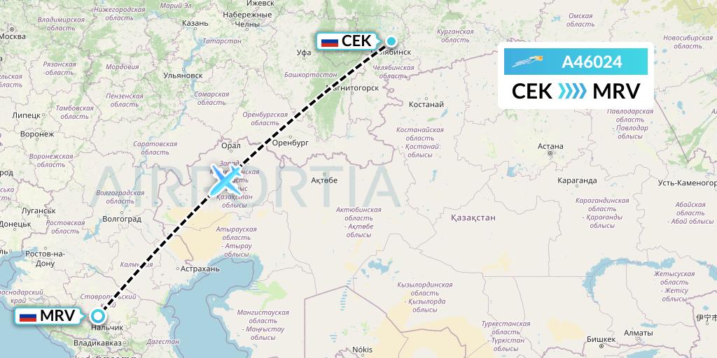 A46024 Azimuth Airlines Flight Map: Chelyabinsk to Mineralnye Vody