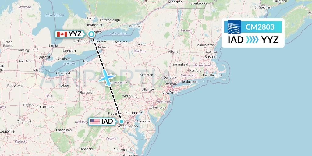 CM2803 Copa Airlines Flight Map: Washington to Toronto