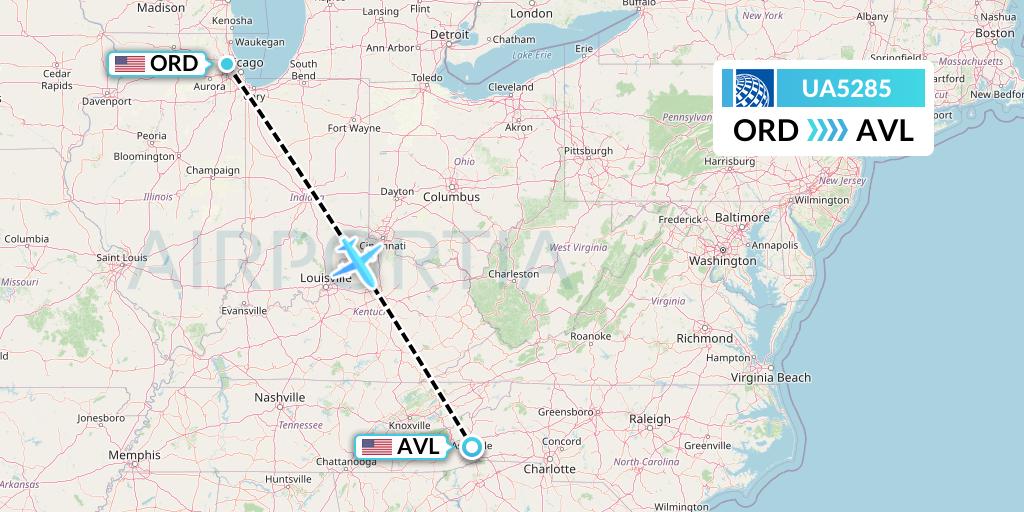 UA5285 United Airlines Flight Map: Chicago to Asheville