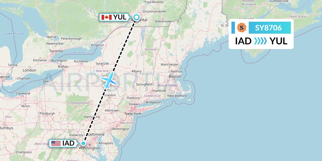SY8706 Sun Country Airlines Flight Map: Washington to Montreal