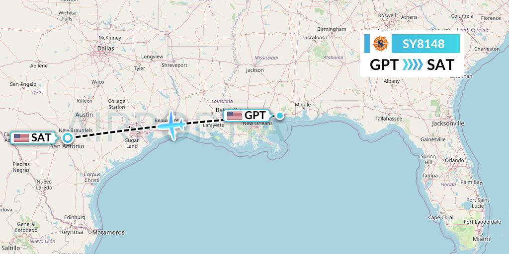 SY8148 Sun Country Airlines Flight Map: Gulfport to San Antonio