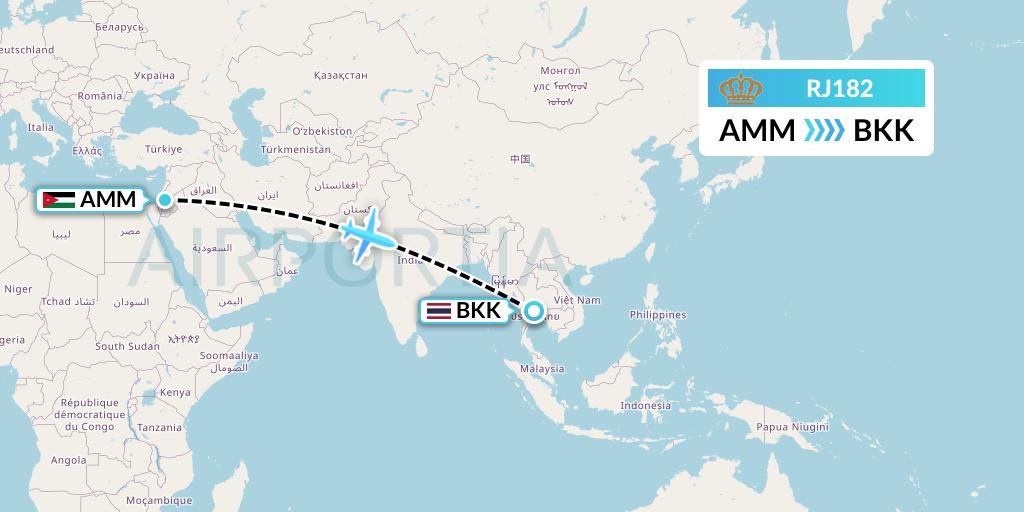 RJ182 Royal Jordanian Flight Map: Amman to Bangkok