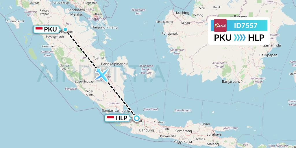 ID7557 Batik Air Flight Map: Pekanbaru to Jakarta