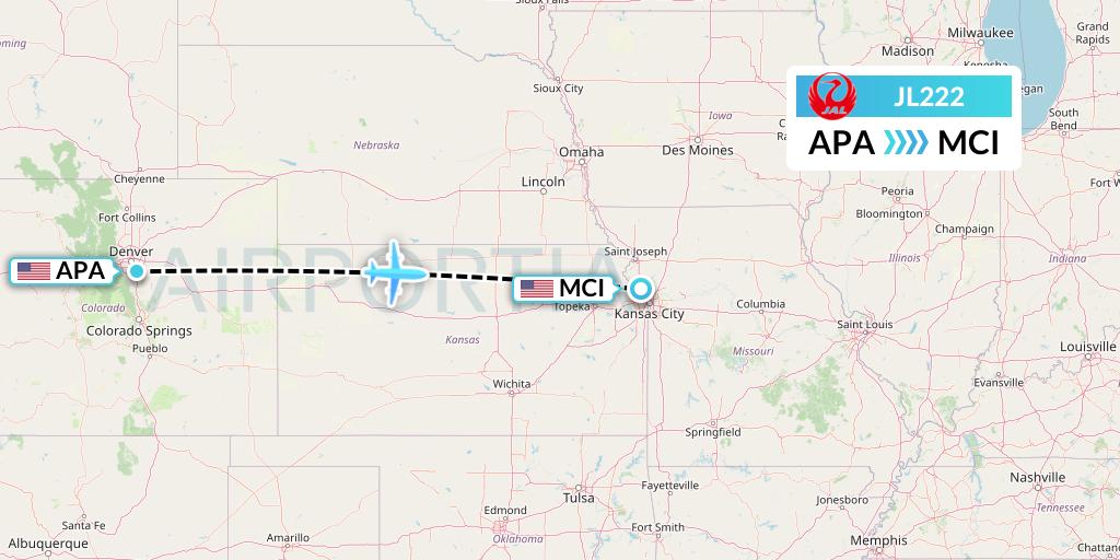JL222 Japan Airlines Flight Map: Denver to Kansas City