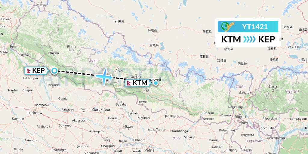 YT1421 Yeti Airlines Flight Map: Kathmandu to Nepalgunj