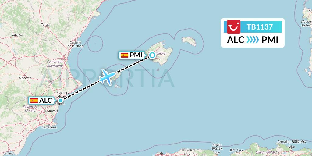 TB1137 TUI fly Belgium Flight Map: Alicante to Palma de Mallorca