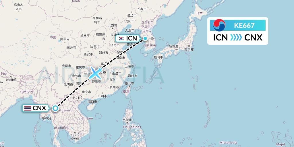KE667 Korean Air Flight Map: Seoul to Chiang Mai