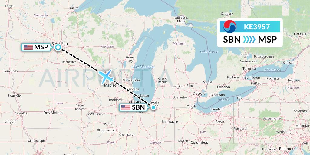 KE3957 Korean Air Flight Map: South Bend to Minneapolis