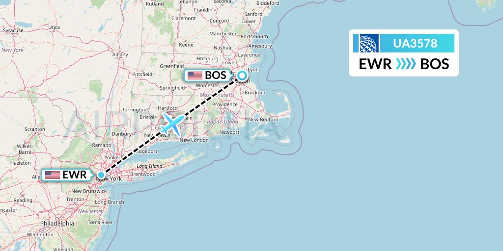 UA3578 United Airlines Flight Map: New York to Boston