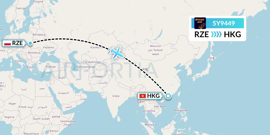 5Y9449 Atlas Air Flight Map: Rzeszow to Hong Kong