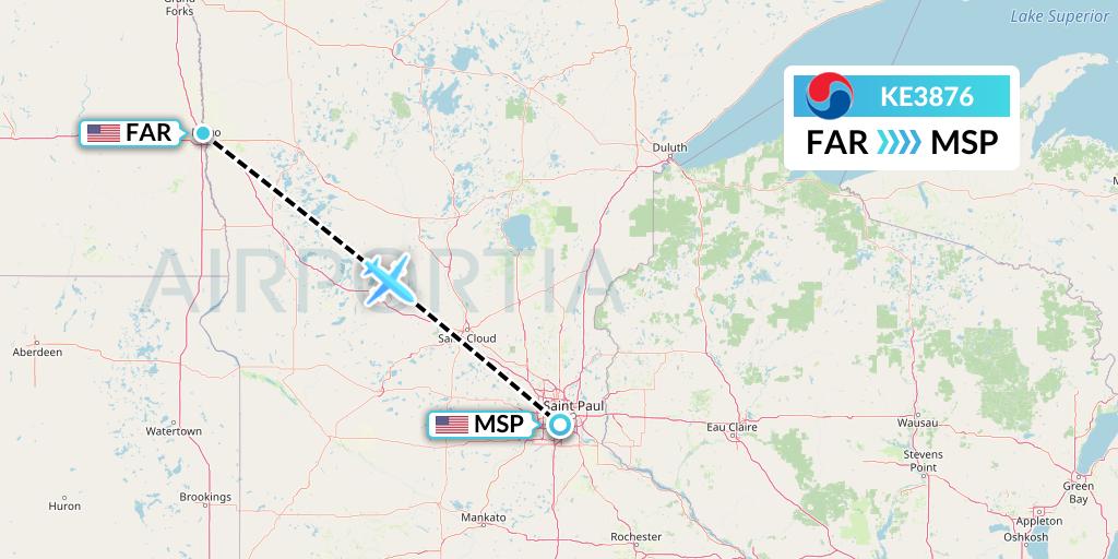 KE3876 Korean Air Flight Map: Fargo to Minneapolis